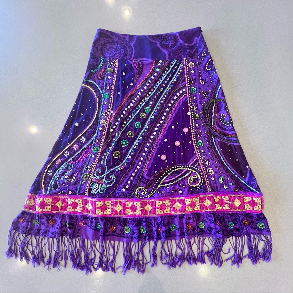 Purple Intricate Sequins & Beads Boho Fringe Skirt Side Zip Sz Small / Medium